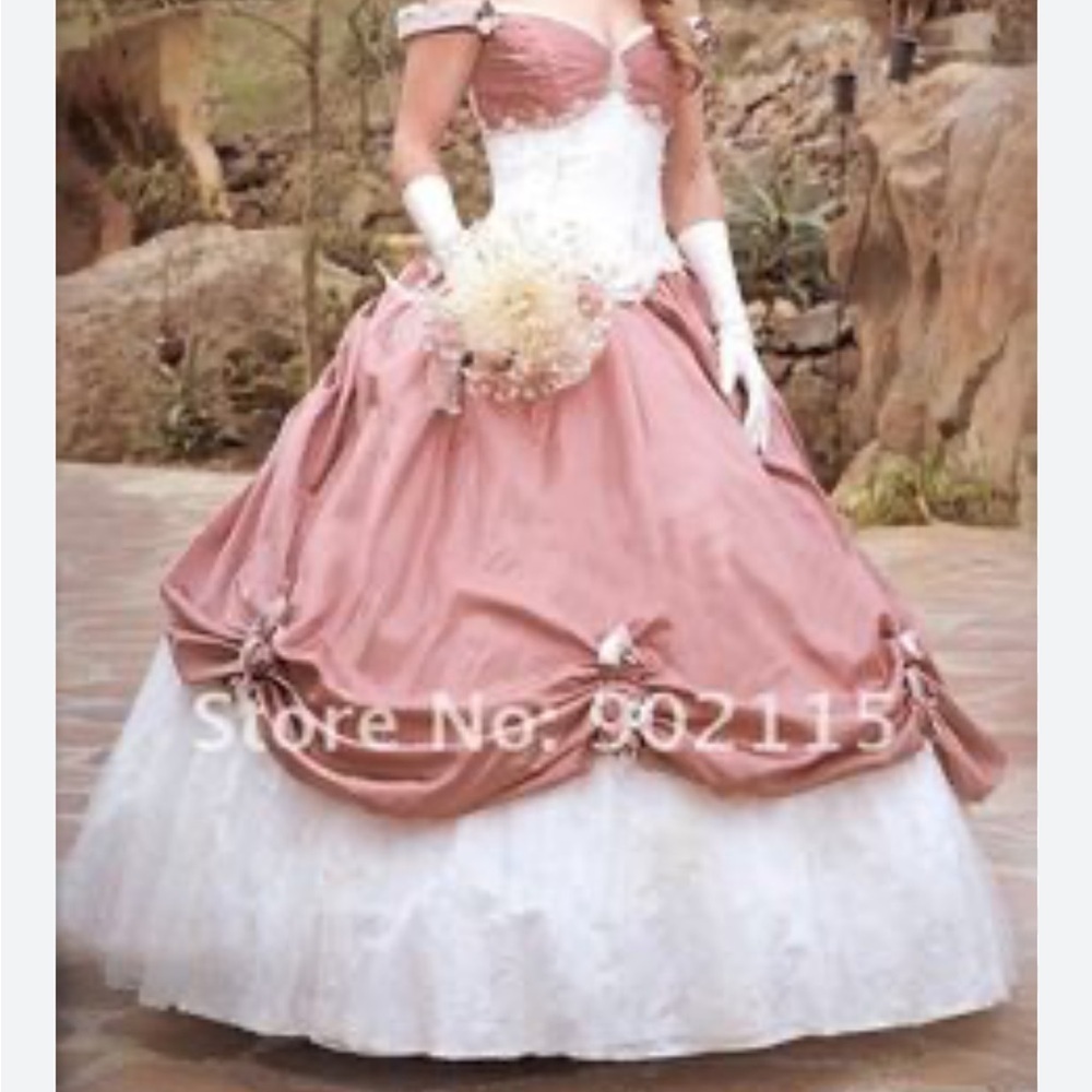Elegant Pink and White Off-Shoulder Edwardian renaissance quinceañera Victorian